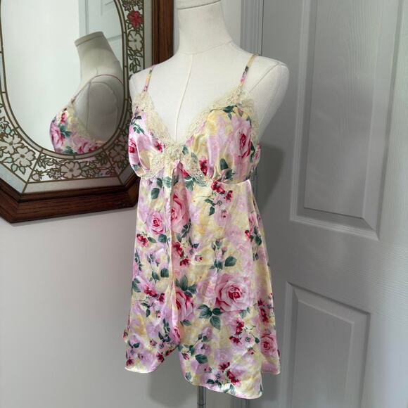 Secret Treasures Pink & Yellow Floral Satin Ivory Lace Sequin Open Front Slip M - Picture 2 of 8